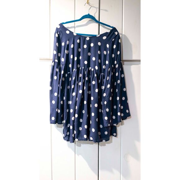 Free People Polka Dot Mini Dress with bell sleeves Navy and white sz xs - Picture 5 of 10